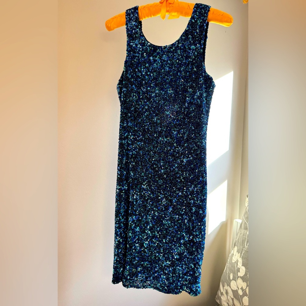 Never worn blue sequin/beaded Parker mini dress. Size S. sleeveless, low back.